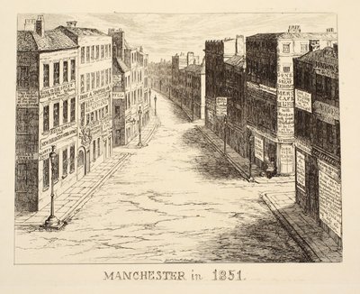 Manchester in 1851, uit 1851 of The Adventures of Mr & Mrs Sandboys and family who came up to London to enjoy themselves and to see the Great Exhibition, gepubliceerd 1851 door George Cruikshank