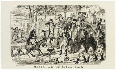 Maart - Een dag met de Surrey Hounds uit de staaletsen van George Cruikshank voor de komische almanakken: 1835-1853 door George Cruikshank