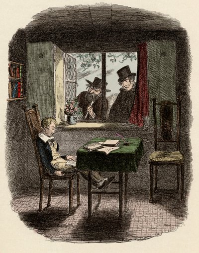 Monks en Fagin observeren Oliver die slaapt in de Maylie-bibliotheek - Monks en de Jood - Illustratie voor 