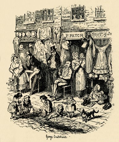 Monmouth Street, Soho, een illustratie door G. Cruikshank voor Dickens