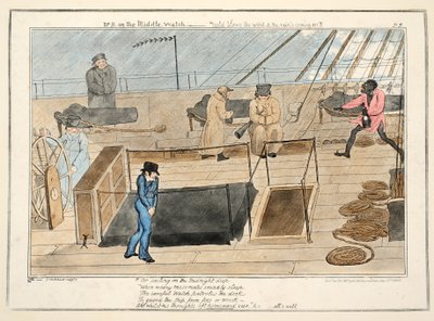Mr. B tijdens de middenwacht - de wind waait koud en de regen komt opzetten, uit The Progress of a Midshipman, uitgegeven 1835 door George Cruikshank