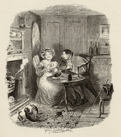 Mr Bumble en Mrs Corney drinken thee, uit 