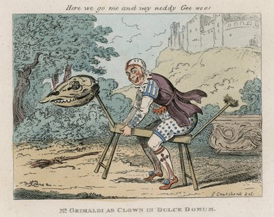 Mr Joseph Grimaldi als Clown in Dulce Domum door George Cruikshank