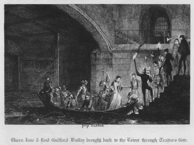Koningin Jane en Lord Guilford Dudley teruggebracht naar de Toren door Traitors Gate (gravure) door George Cruikshank