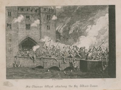 Sir Thomas Wyat valt de By Ward Tower aan door George Cruikshank