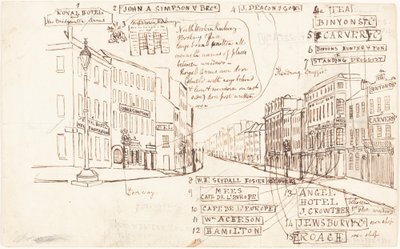 Straatperspectief met Bedrijfsnamen door George Cruikshank