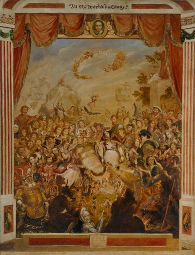 De eerste verschijning van William Shakespeare op het toneel van het Globe Theatre door George Cruikshank