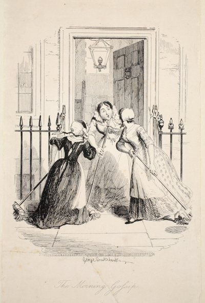 Het ochtendgeroddel, uit De grootste plaag van het leven, pub. 1847 door George Cruikshank