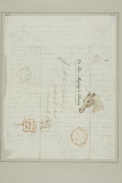 Zonder titel (brief Cruikshank met schetsen van paardenhoofd) door George Cruikshank