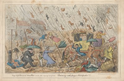 Zeer Onaangenaam Weer, of, het Oude Gezegde Bevestigd "Regenende Katten, Honden, & Hooivorken."!!! door George Cruikshank