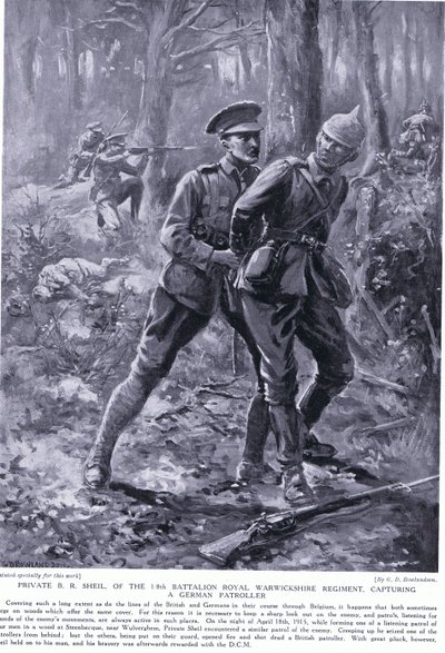 Soldaat B R Shiel bekroond met DCM voor het vangen van een Duitse patrouilleur in België april 1915 door George Derville Rowlandson