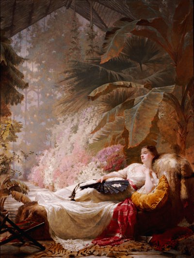 Portret van Adelaide Maria Guinness, liggend op een Sofa in een Serre, 1885 door George Elgar Hicks