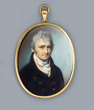 Mr Uthoff, in blauwe jas met gouden knopen, buffkleurig vest en geknoopte das, gepoederd krullend haar, 1805 door George Engleheart
