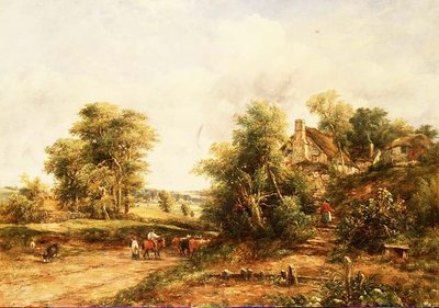 Zomerlandschap bij avond met veedrijvers en vee door George Frederic Watts