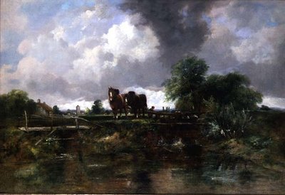 Bosrijk rivierlandschap met paarden die een sluis bedienen door George Frederic Watts