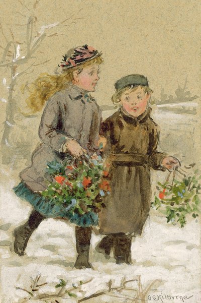 Kinderen spelen in de sneeuw - Hulst verzamelen door George Goodwin Kilburne