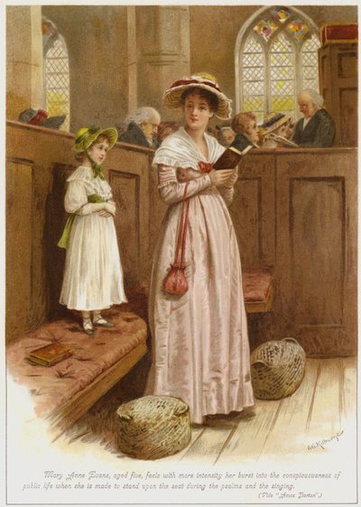 Mary Anne Evans, vijf jaar oud, voelt met meer intensiteit haar doorbraak in het publieke leven wanneer ze tijdens de psalmen en het zingen op de stoel moet staan door George Goodwin Kilburne