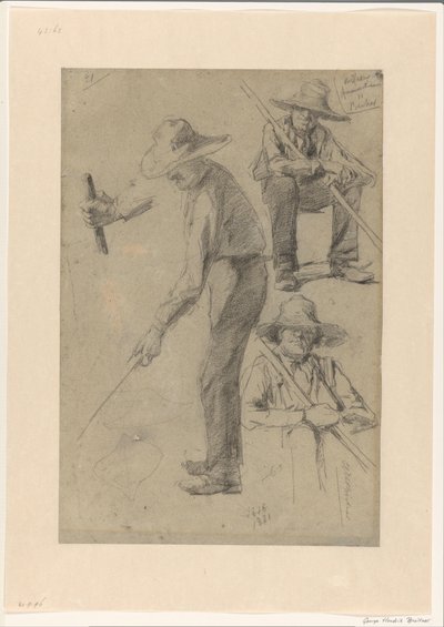Schetsblad met studies van een tuinman door George Hendrik Breitner