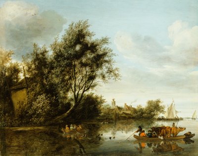Een Rivierlandschap met een Hooizolder tussen Bomen en een Veerboot met Passagiers en Vee door George Henry Clements
