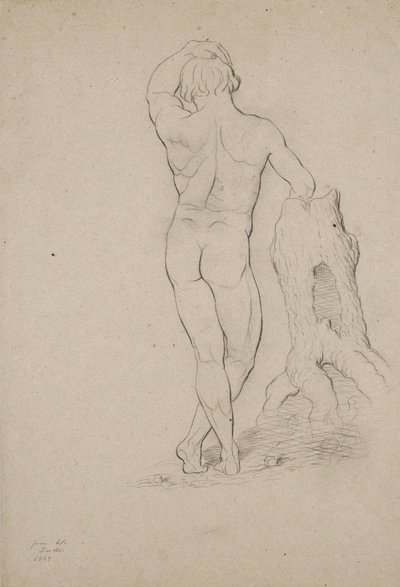 Zonder titel - Mannelijk naakt, achteraanzicht, 1846 (houtskool op bruin papier) door George Henry Hall