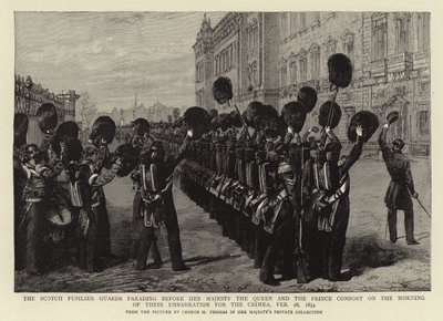 De Schotse Fusilier Guards paraderen voor Hare Majesteit de Koningin en de Prins-gemaal op de ochtend van hun inscheping naar de Krim, 28 februari 1854 door George Housman Thomas