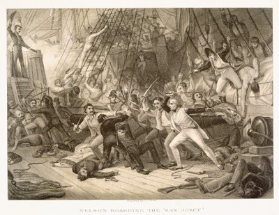Horatio Nelson aan boord van de San Josef bij de Slag bij Kaap St. Vincent, 14 februari 1797, gegraveerd door John Crew naar het origineel in de Greenwich Hospital Collection door George Jones