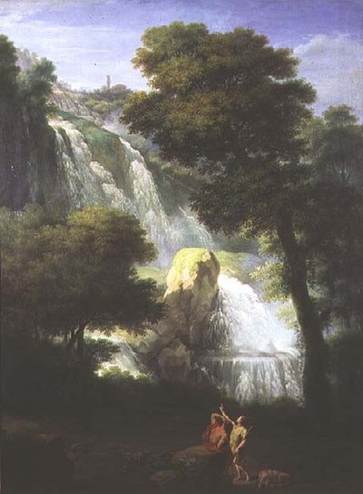Een Zicht op de Watervallen van Terni met Klassieke Figuren op de Voorgrond door George Knapton