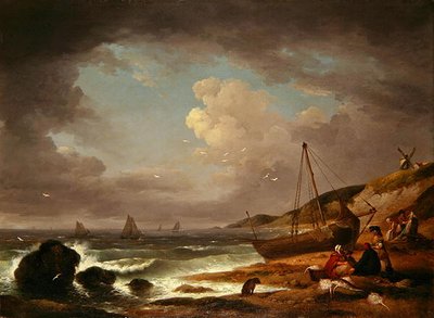Kustscène met Mannen die een Boot Repareren door George Morland