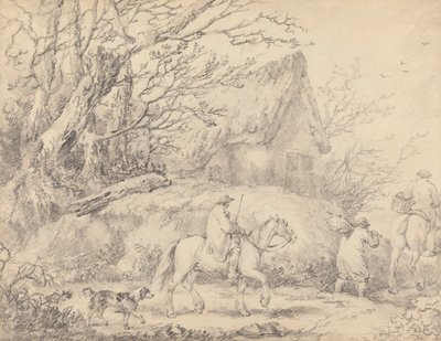 Landschap met huisje en figuren te paard door George Morland