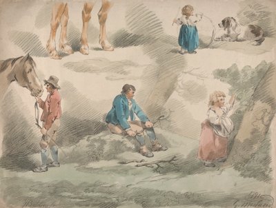 Set van Vijf: Studies van Meisjes, één Spelend met Hoepel, één Bessen Plukkend, Man en Paard, enz. door George Morland