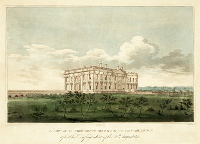 Een uitzicht op het Presidentenhuis in de stad Washington na de brand van 24 augustus 1814 door George Moutard Woodward