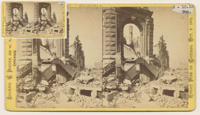 Stereofoto van het Bryan Block op de noordwestelijke hoek van Monroe en LaSalle Streets na de brand van Chicago in 1871, 1871 door George N. Barnard