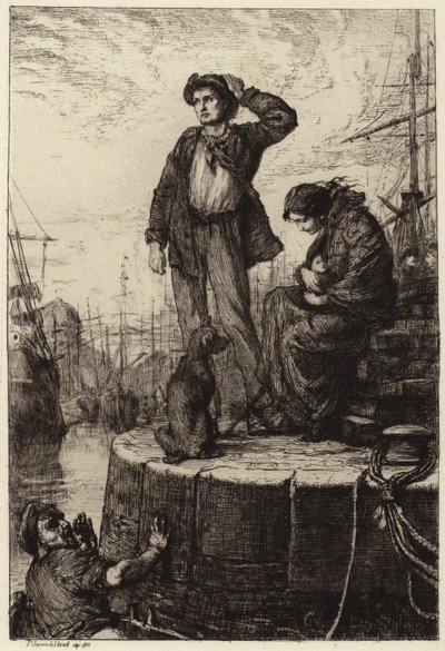 Een jong emigrantengezin wacht bij de dokken door George Percy Jacomb Hood