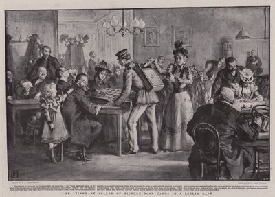 Een rondtrekkende verkoper van ansichtkaarten in een Berlijns café door George Percy Jacomb Hood