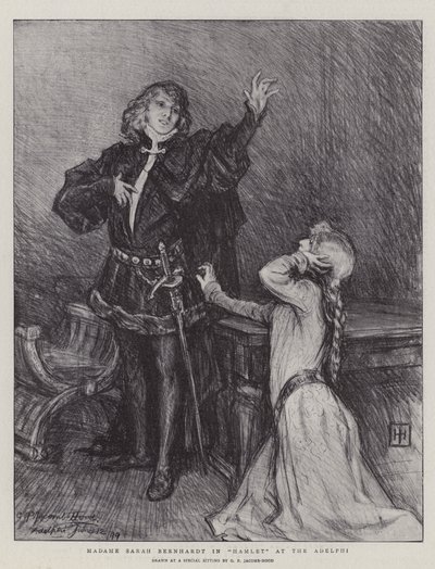 Madame Sarah Bernhardt in Hamlet in het Adelphi door George Percy Jacomb Hood