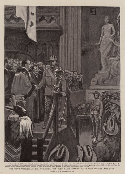 Het Welkom van de Stad in de Guildhall, de Burgemeester schudt Handen met Kolonel Mackinnon door George Percy Jacomb Hood