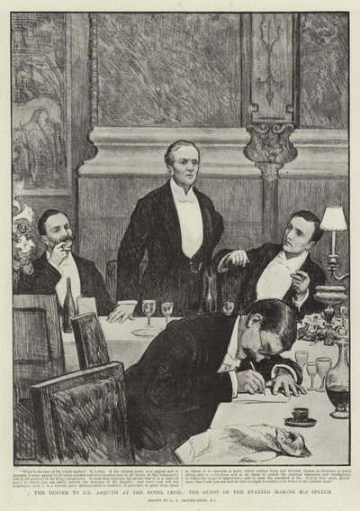 Het diner voor Mr Asquith in het Hotel Cecil, de gast van de avond houdt zijn toespraak door George Percy Jacomb Hood