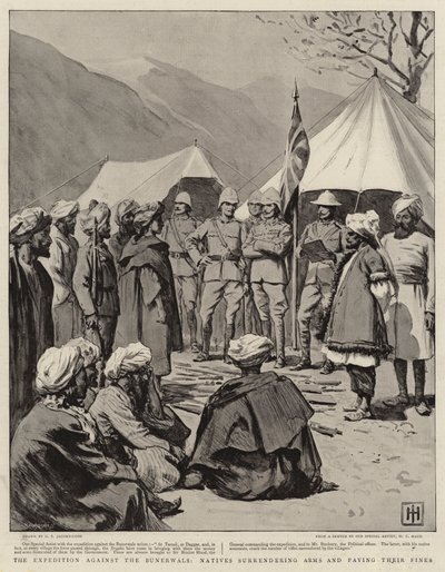 De expeditie tegen de Bunerwals, inboorlingen geven wapens over en betalen hun boetes door George Percy Jacomb Hood