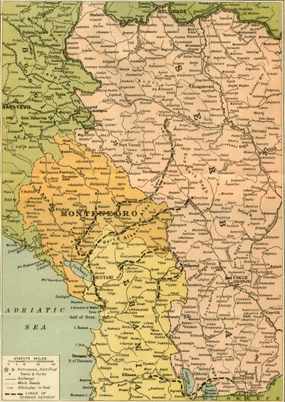 Kaart om de Servische terugtocht te illustreren, 1919 door George Philip and Son Ltd
