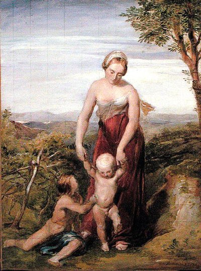Een Vrouw met Twee Kinderen in een Heuvelachtig Landschap door George Richmond