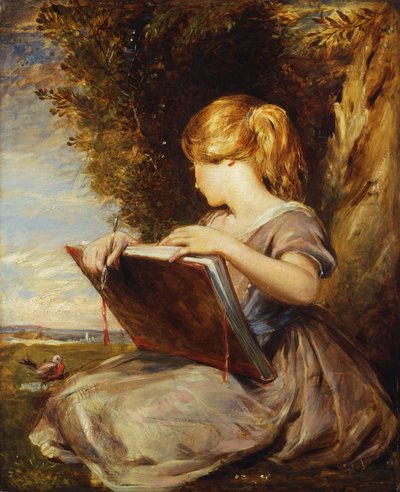 Een Jong Meisje zittend onder een Boom met een Schetsboek door George Richmond