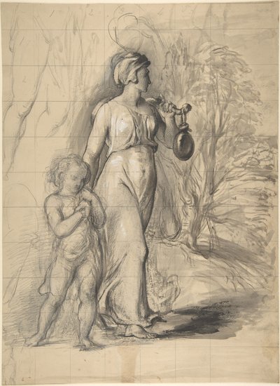 Hagar en Ismaël in de wildernis (recto); twee portretstudies van de vrouw van de kunstenaar en een studie van een been en romp (verso) door George Richmond