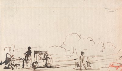 Huifkar op landweg door George Romney