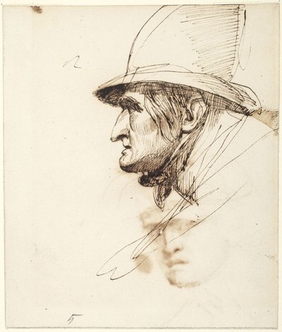 Hoofd van een man in profiel met een grote hoed op door George Romney