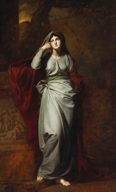 Il Penseroso, of Melancholie: Een Vrouwelijke Figuur, Volledige Lengte, Gekleed in Lichtgroene Gewaden, Staand in een Landschap, Rustend met Haar Linker Elleboog op een Sokkel met een Klassiek Fries door George Romney