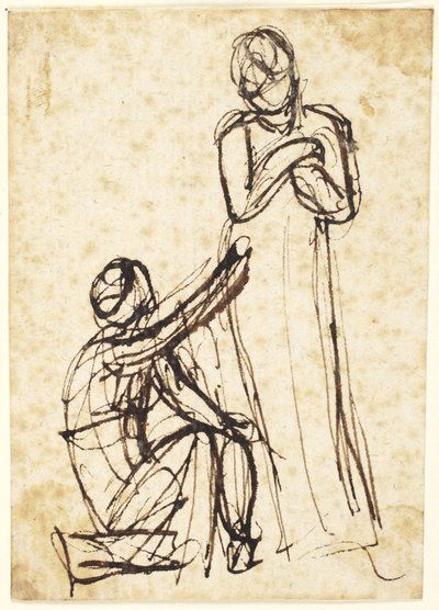 Knielende figuur die een voorwerp aan een staande figuur overhandigt door George Romney