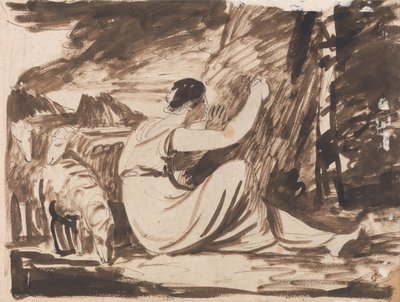 Herderin snijdt een inscriptie in een boom door George Romney