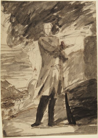 Studie voor een portret ten voeten uit van een man met een pistool in zijn hand door George Romney