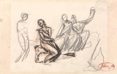 Drie zittende figuren en een staande figuur door George Romney