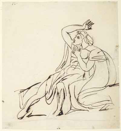 Twee zittende figuren; achterzijde: studiecomposities met drie figuren door George Romney